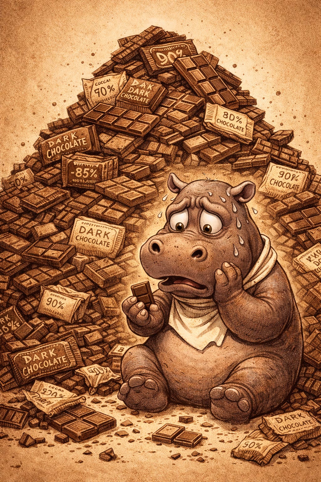 Illustration of a distressed hippopotamus sweating and looking anxious, seated at the base of a massive pile of dark chocolate bars labelled with various cocoa percentages (e.g., 50%, 70%, 80%, 85%, 90%, 100%). The hippo wears a bib around its neck and holds a small piece of chocolate in its hand, with crumbs scattered around.