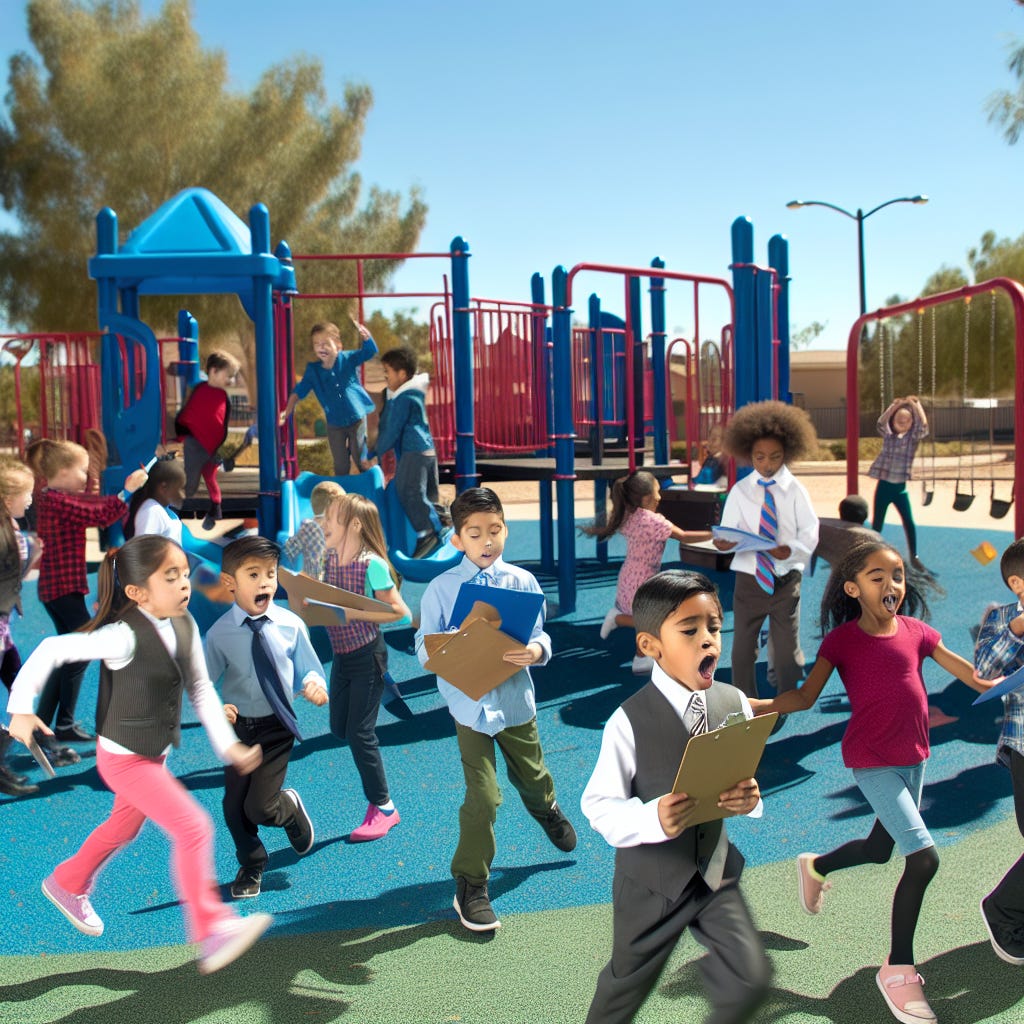 kids running around on the playground with clipboards and TPS reports