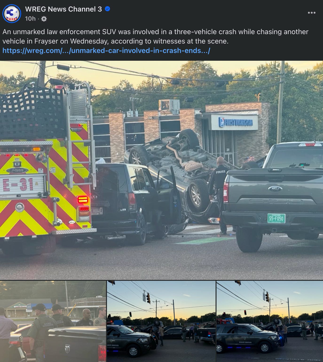 WREG News Channel 3: An unmarked law enforcement SUV was involved in a three-vehicle crash while chasing another vehicle in Frayser on Wednesday, according to witnesses at the scene. WREG News Channel 3: An unmarked law enforcement SUV was involved in a three-vehicle crash while chasing another vehicle in Frayser on Wednesday, according to witnesses at the scene.