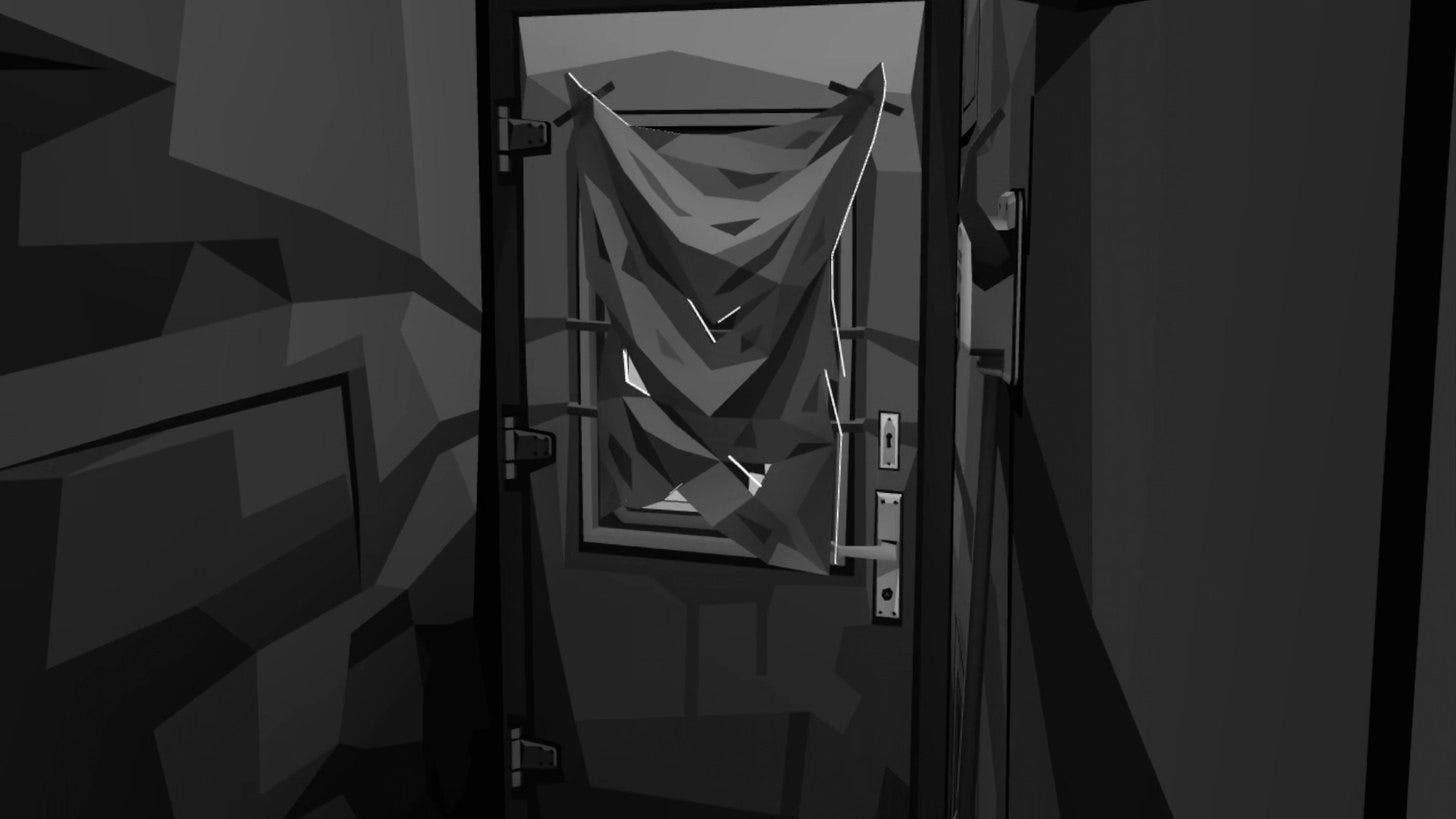 A curtained door at the end of a dim train corridor A curtained door at the end of a dim train corridor