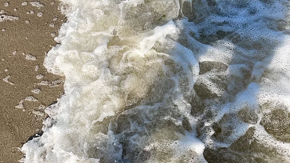 Bubbly waves of water washing up on a brown beach.