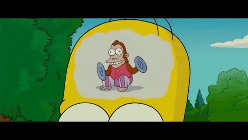 a cartoon of homer simpson with a monkey holding a dumbbell a cartoon of homer simpson with a monkey holding a dumbbell