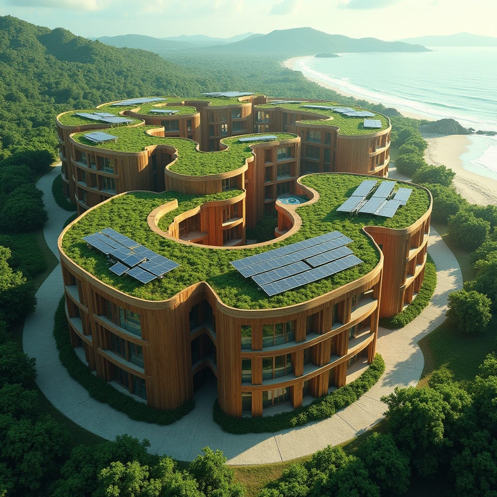 A modern green, sustainable circular complex in Jamaica, designed with natural wood exteriors, is topped with a living green roof to blend with the environment. Solar panels line the roof to harness renewable energy, and water harvesting systems ensure efficient use of natural resources. The circular design allows ample natural light through large glass windows, enhancing energy efficiency while providing panoramic views. Below the residential floors, commercial spaces with shops add convenience and vibrancy to the structure, making it a hub for both locals and tourists. Situated near the beach, this eco-friendly development harmonizes luxury and sustainability with nature.