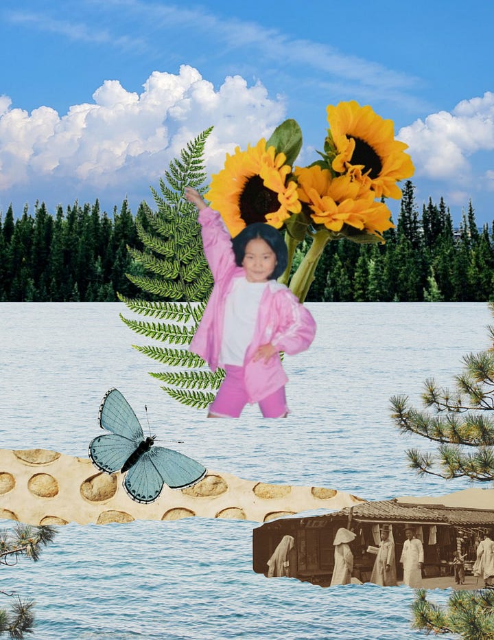 left: collage of 28 year old ji smiling, against a backdrop of a rose of sharon flower, fire flames, a blue butterfly, ocean waves, blue sky, and a hand holding a small white flower. right: collage of 5yo ji in a dance pose in a pink outfit. on top of a bouquet of sunflowers and a fern. backdrop of blue sky, trees, blue water. a blue butterfly. fragments of a korean brick wall and a black and white photo of koreans in the early 1900s walking on the street.