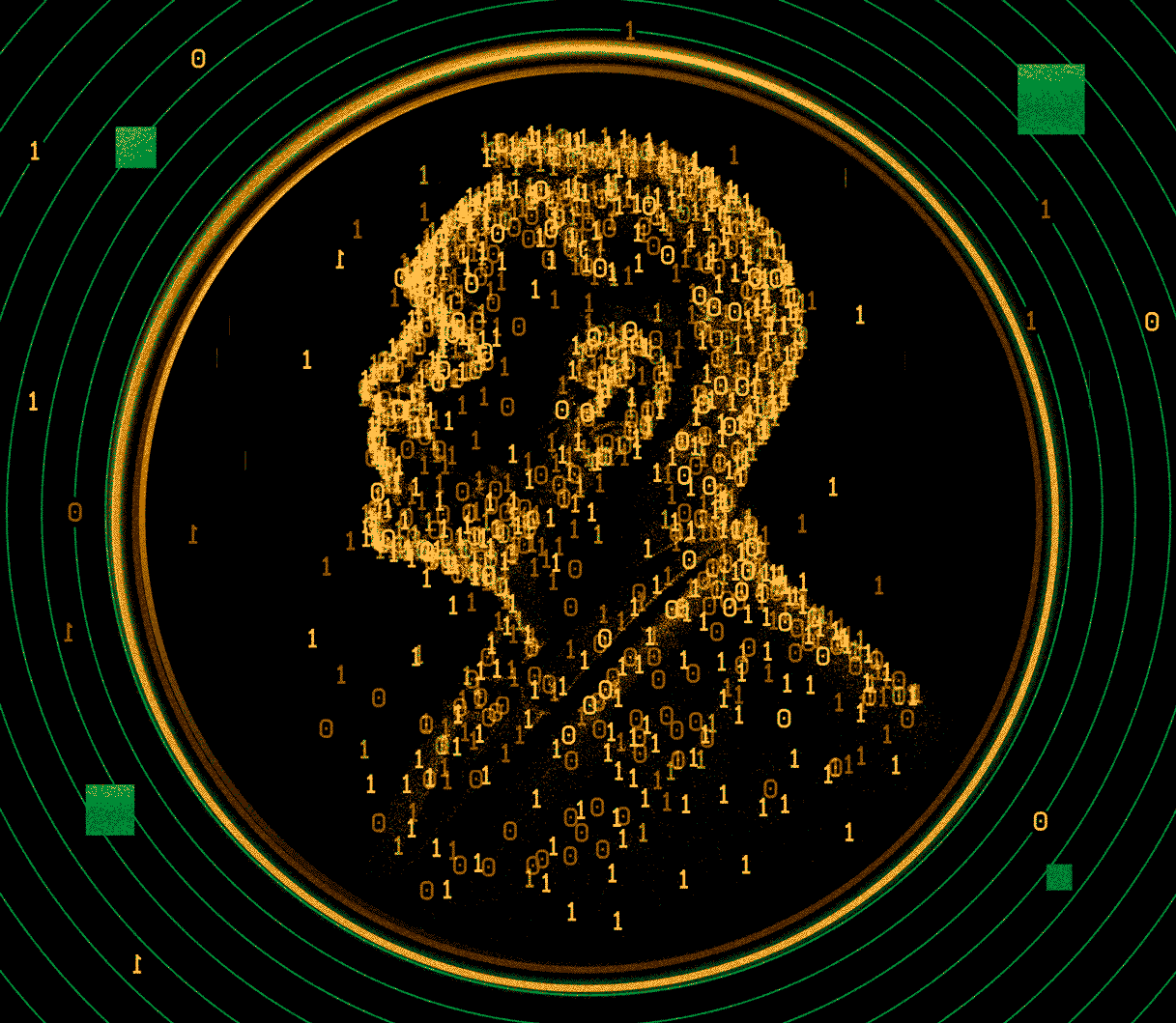 Animation of a Nobel prize medal made up of binary code.