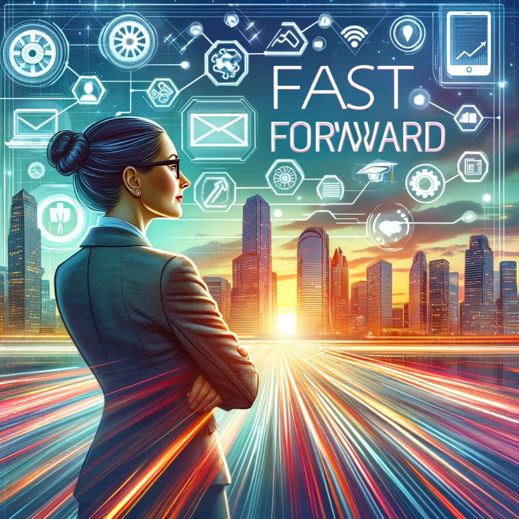 the image inspired by "Fast Forward" by Wendy Leshgold. It features a professional woman looking confidently towards a city skyline, symbolizing future opportunities. Surrounded by digital icons that represent technology, education, and networking, the scene captures the essence of embracing change and personal growth in a fast-paced professional environment. The atmosphere conveys optimism and the potential for success through adaptability and proactive planning.