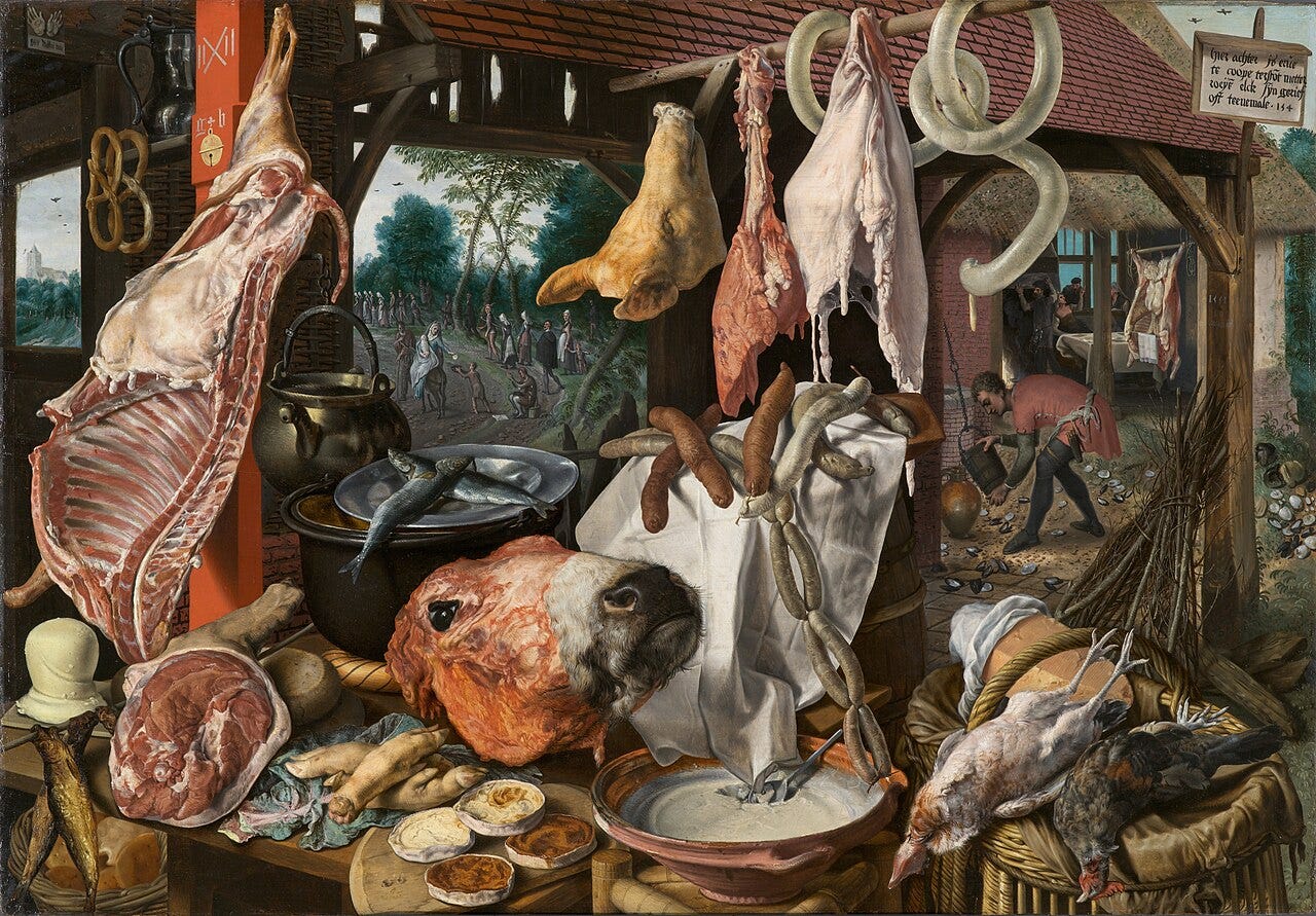 Aertsen's meat stall piled with a slaughtered ox while a tiny alms scene plays out behind it Aertsen's meat stall piled with a slaughtered ox while a tiny alms scene plays out behind it