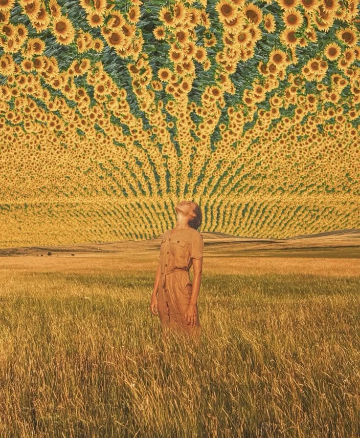 This may contain: a person standing in a field with sunflowers