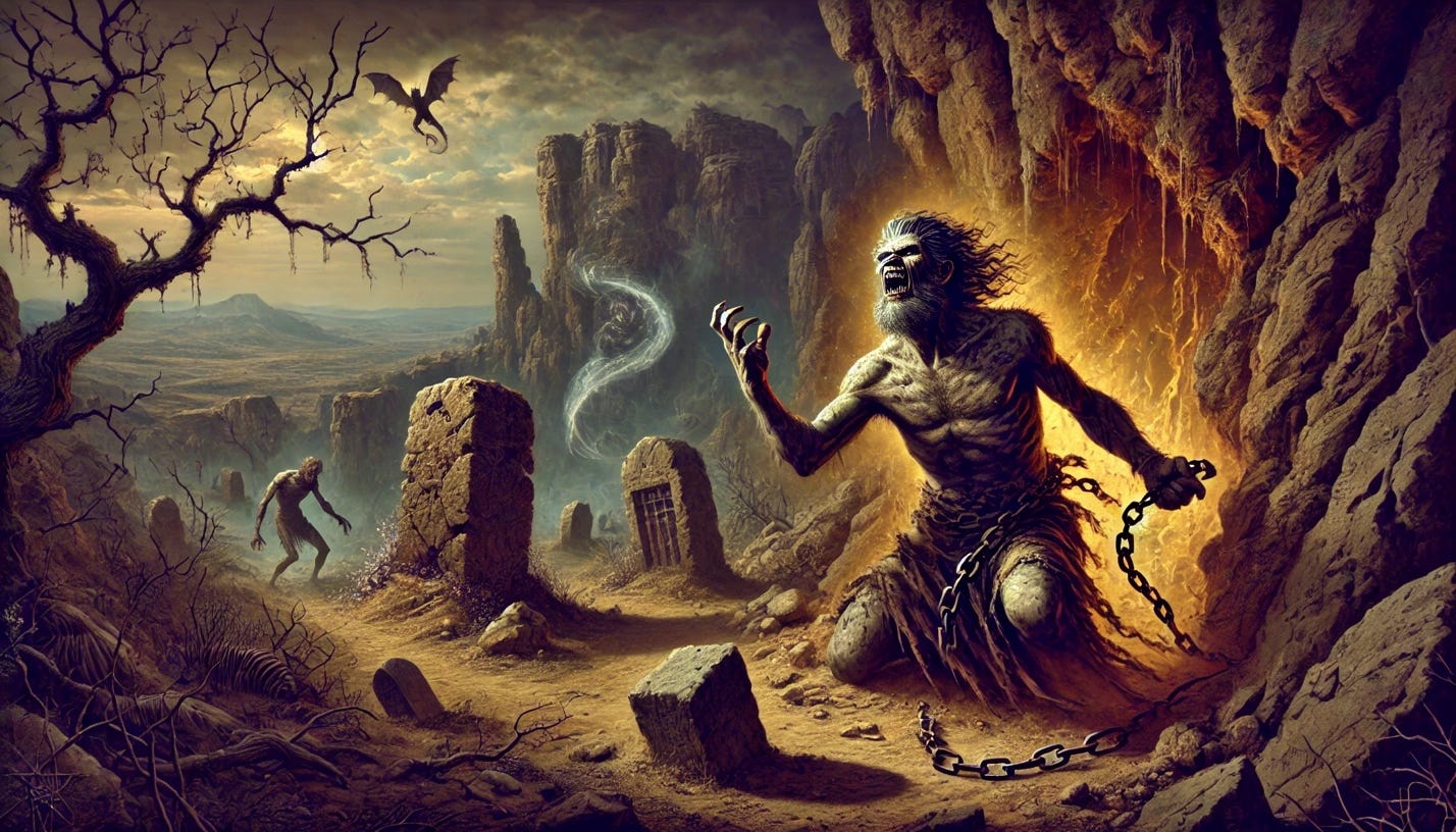 A person in chains and a stone building in a desert

Description automatically generated with medium confidence