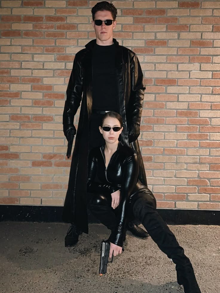 This may contain: a man and woman dressed in black standing next to each other with sunglasses on their faces