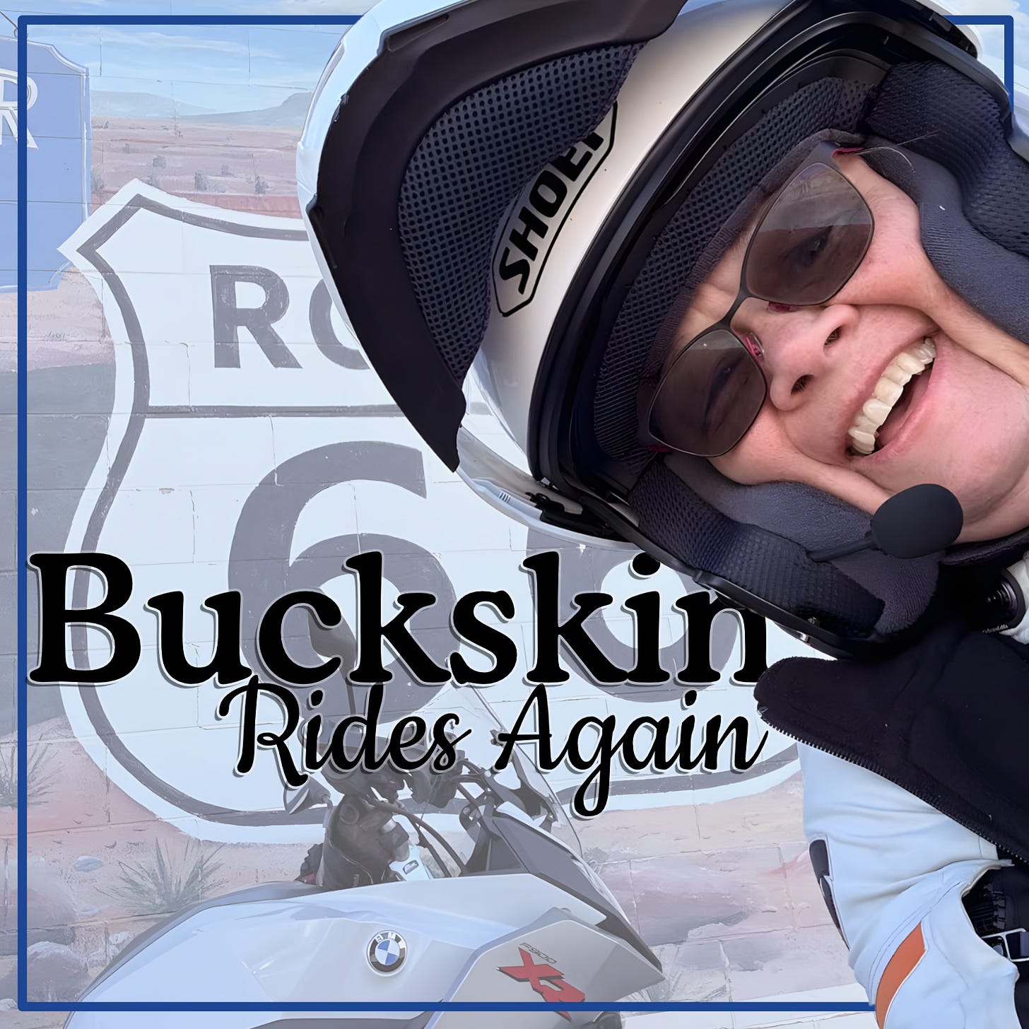 woman wearning a motorcycle helmet in front of a Route 66 mural