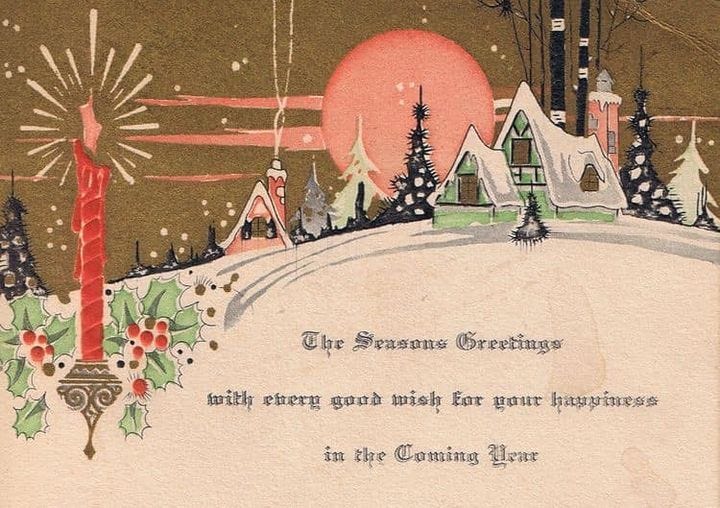 This may contain: an old fashioned christmas card with snow and trees