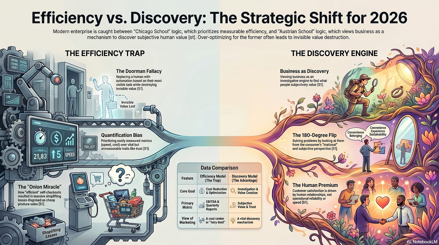 Infographic comparing a mechanical efficiency trap with a colorful discovery engine for 2026 strategy