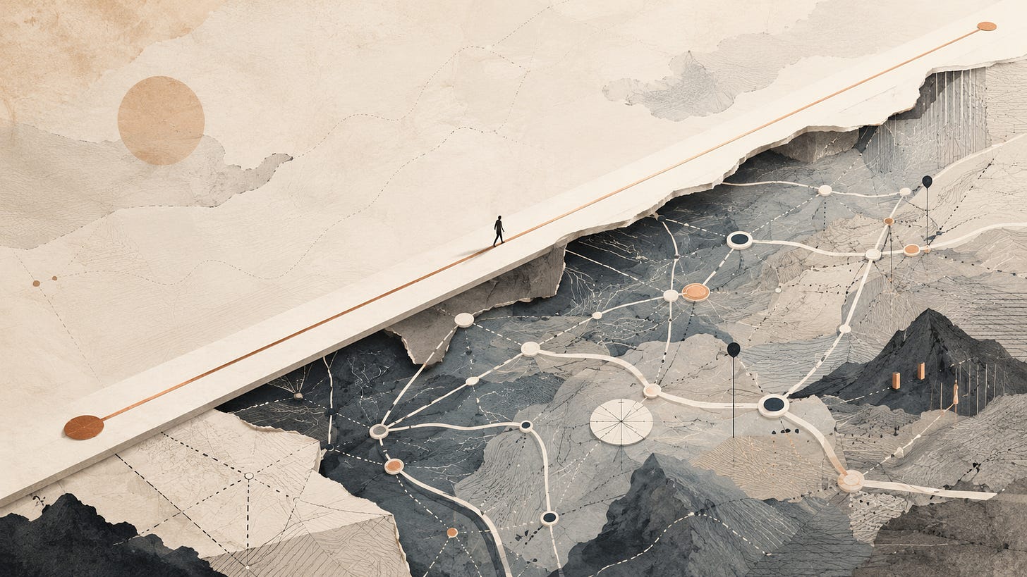Abstract cracked landscape map with markers showing fragmented understanding