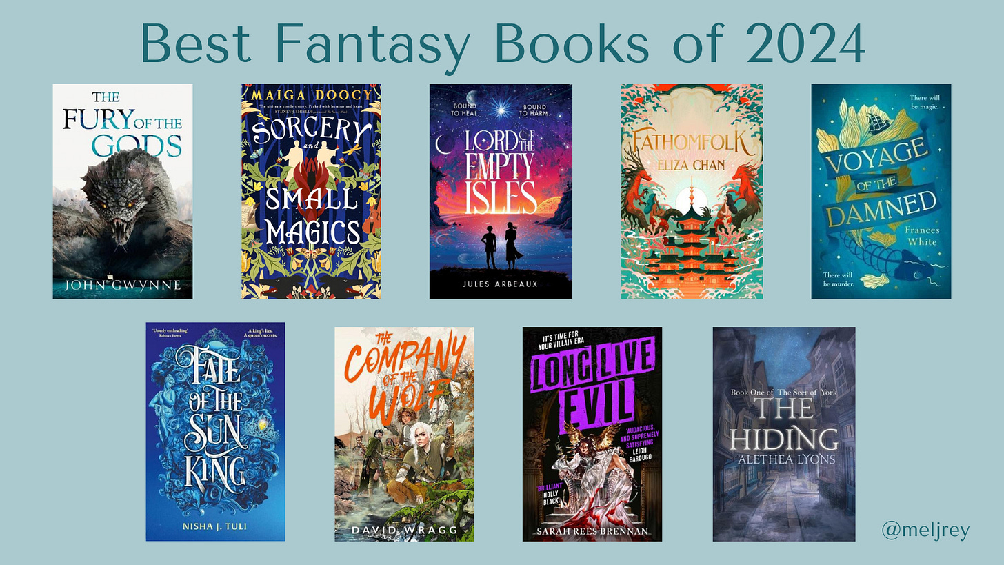 Slide title is "Best Fantasy Books of 2024" The Fury of the Gods by John Gwynne Sorcery & Small Magics by Maiga Doocy Lord of the Empty Isles by Jules Arbeaux Fathomfolk by Eliza Chan Voyage of the Damned by Frances White Fate of the Sun King by Nisha J Tuli The Company of the Wolf by David Wragg Long Live Evil by Sarah Rees Brennan The Hiding by Alethea Lyons