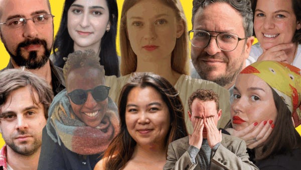 A collage made up of head shots of ten people against a yellow background A collage made up of head shots of ten people against a yellow background