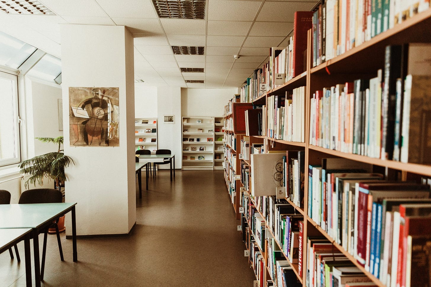 A university library with artwork on the walls, shelves of books, and tables for people to sit at