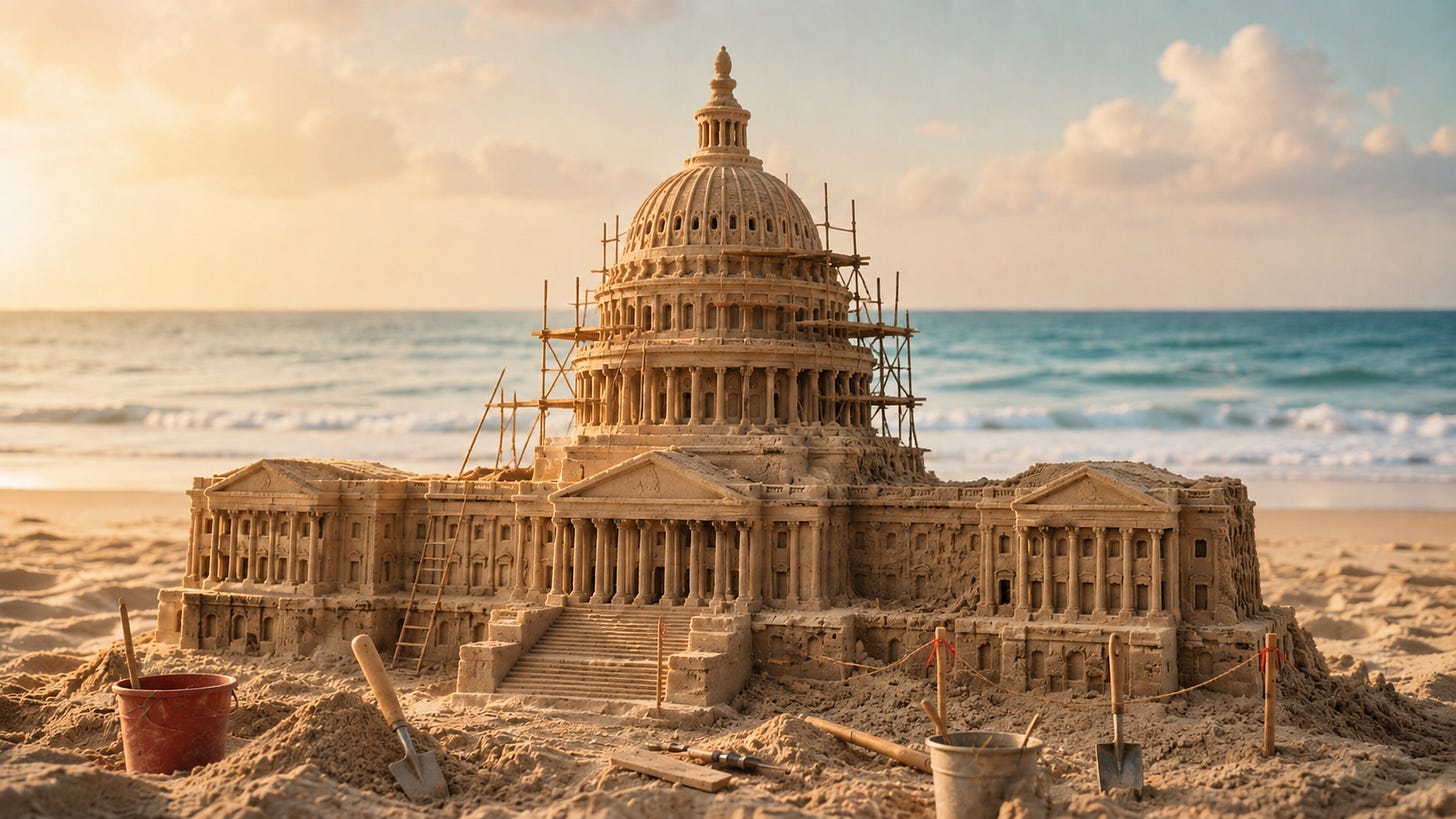 A sandcastle congress, under construction