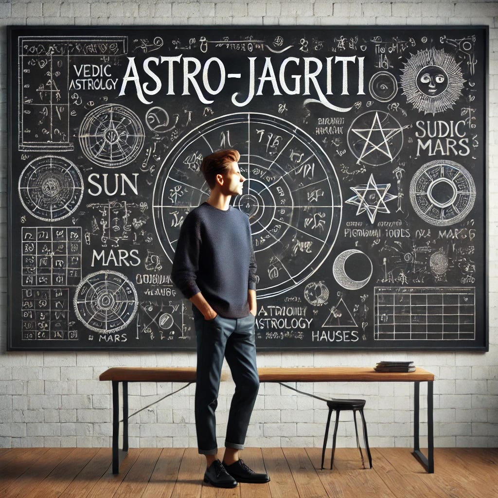 A modern person in casual clothing standing in front of a blackboard with "Astro-Jagriti" written on it, surrounded by complex Vedic astrology calculations, zodiac symbols, and planetary charts.