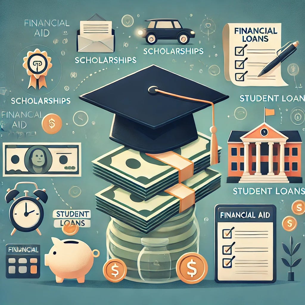 A professional and approachable illustration designed to guide students through the complexities of financial aid for college. The image features a graduation cap resting on a stack of money, surrounded by icons such as a checklist, scholarships, student loans, and a savings jar. A subtle background includes a college campus and a financial aid office. The color palette uses calm and encouraging tones like blue, green, and gold, with an emphasis on clarity and accessibility for students and families.