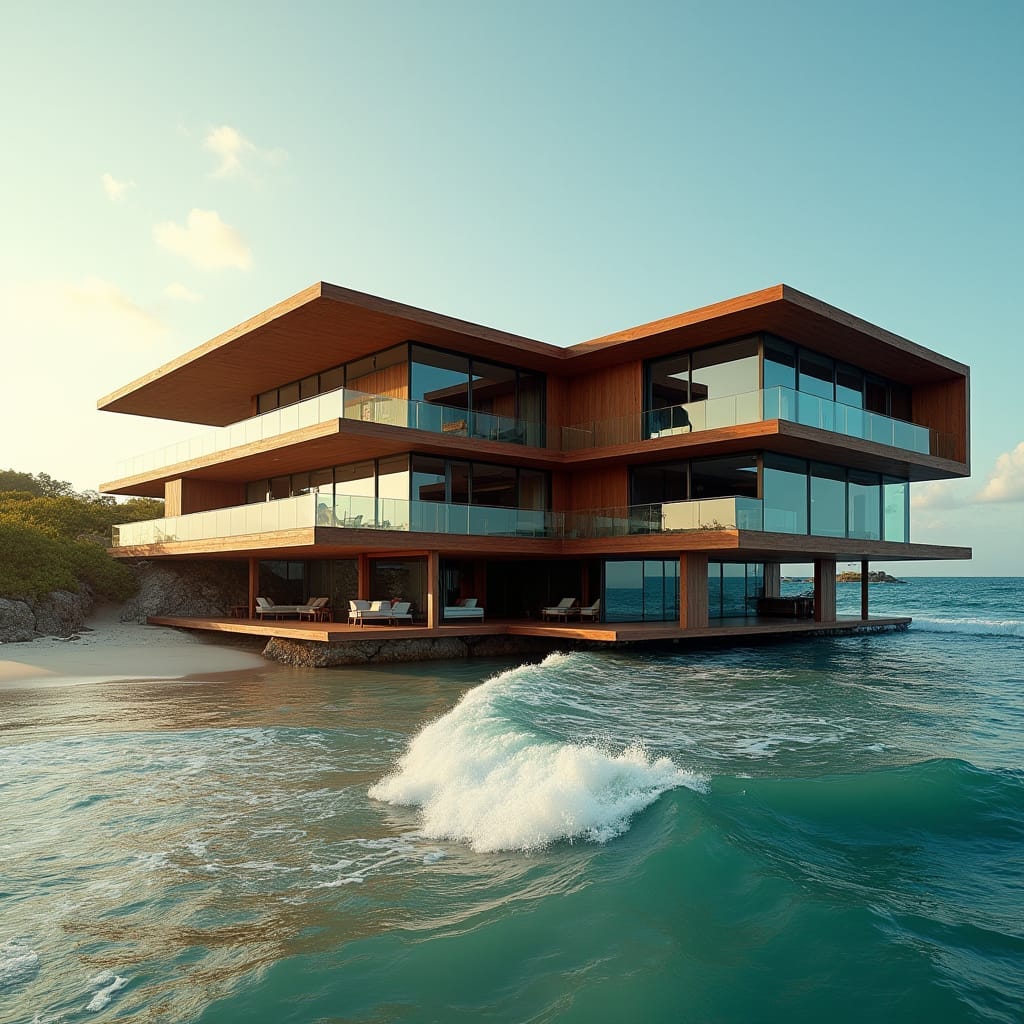 Vast, modern, one-story Jamaican timber home, 10 bedrooms wide, with expansive glass windows, cantilevered platforms, and gleaming glass pools, seamlessly integrated into the beachside landscape of Portland, Jamaica. Weathered wooden accents and lush greenery blend harmoniously with the structure, as warm, golden light dances across the facade.