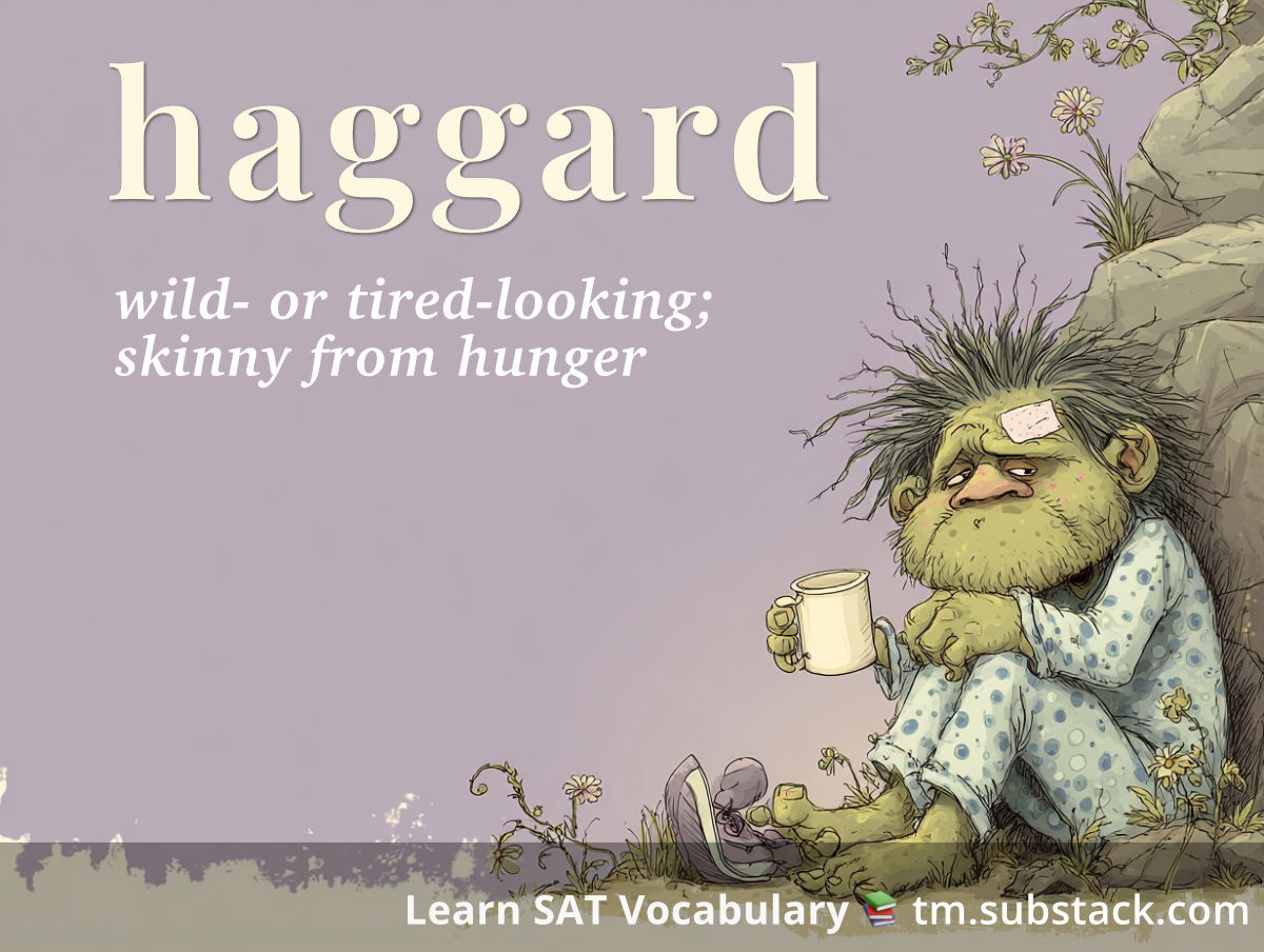 Cartoon illustration of an exhausted green ogre with wildly unkempt hair sticking up in all directions, heavy bags under tired eyes, and stubble on its chin. The ogre wears polka dot pajamas and is slumped against a rock while clutching an empty coffee mug. A bandaid is visible on its forehead. Small flowers and grass surround the weary creature. Positioned in the lower right corner against a muted purple gradient background; used to illustrate the SAT word 'haggard'.