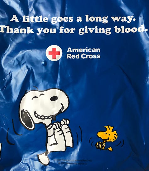 Three photos: A nametag with Victoria”; an image from teh front of a t-shirt that looks like a droplet and contains many images of teh characters Woodstock from the Peanuts cartoon; an image of Snoopy and Woodstock with the words, “A litt;e goes a long way. Thank you for giving blood.”