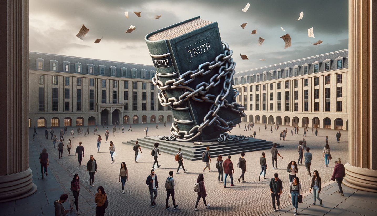 A book of truth is chained up in the center of a college campus. A book of truth is chained up in the center of a college campus.