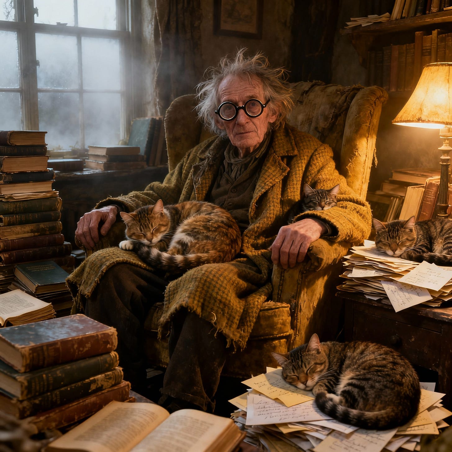 Eccentric grand uncle in a cluttered, lamplit cottage with books, cats, and a mysterious air.