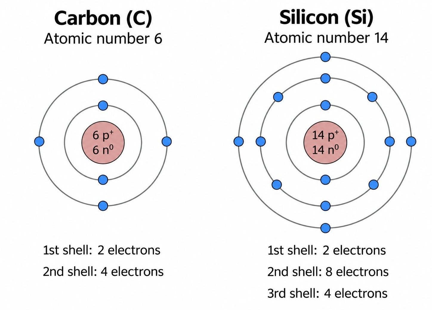 Carbon and silicon atoms Diagram of a carbon atom (6 protons, 6 neutrons; shells of 2 and 4 electrons) next to a silicon atom (14 protons, 14 neutrons; shells of 2, 8 and 4 electrons).
