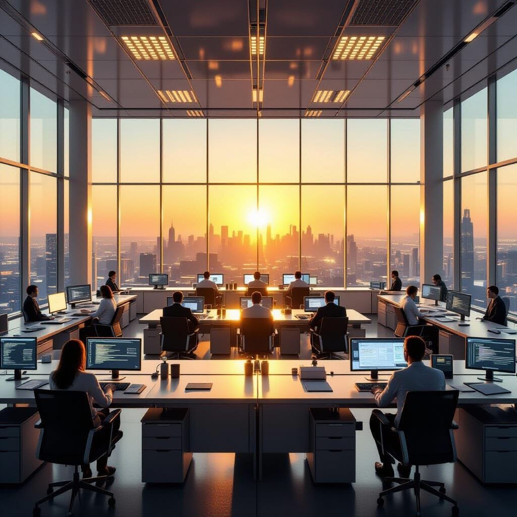 A vast, clean open-plan office where transparent digital entities are typing at computers at high speed, while humans su... A vast, clean open-plan office where transparent digital entities are typing at computers at high speed, while humans su...