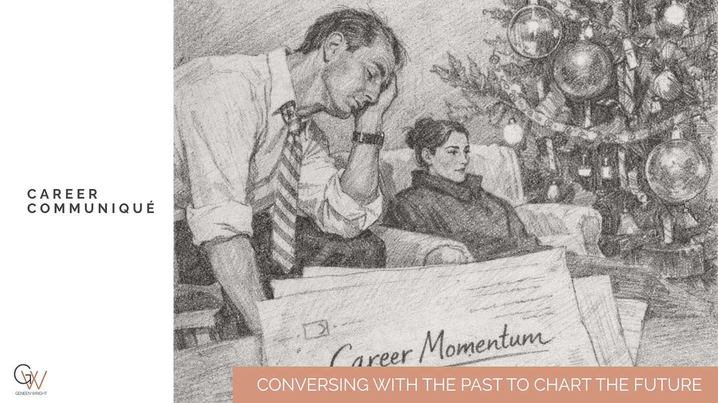 Graphite-style illustration of a vintage holiday magazine scene with a couple near a Christmas tree and a handwritten page titled “Career Momentum,” showing pencil marks and erasures that suggest reflection and revision.