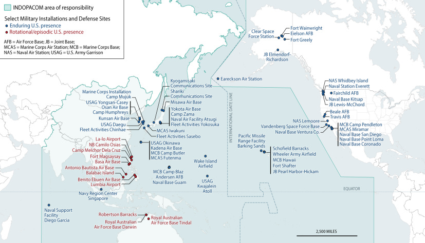 U.S. Defense Infrastructure map in the Indo-Pacific — Shows key U.S. military bases and installations across the region, directly relevant to operational planning and recommendations.