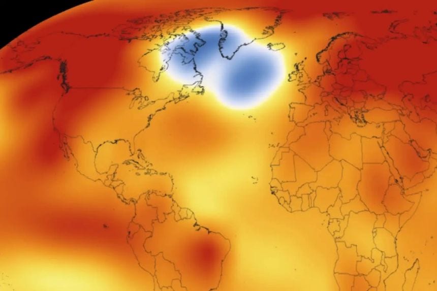 The “cold blob” appears in a data visualization showing average temperatures in 2015, relative to the 1951-80 average The “cold blob” appears in a data visualization showing average temperatures in 2015, relative to the 1951-80 average