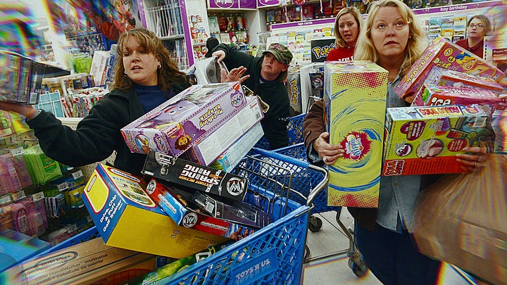 1. Buy Now! The Shopping Conspiracy documentary trailer image showing a female sat at a laptop presumably shopping [Credit: IMDB]; 2. Shoppers piling boxes into a trolley [Credit: Netflix].