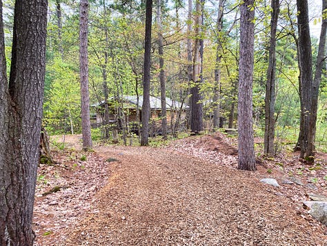 Wherever we were at the Lodge at Pine Cove, we were welcomed by nature. Pictured here: The screened-in porch where we gathered with writers, the shoreline, with a rocky point covered in moss and pines, and a leaf-lined path through the woods to a rustic cabin. It was a beautiful place for the Rekindle Creativity Women's Writing Retreat.
