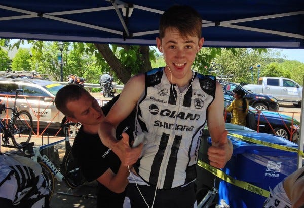 Giant Shimano neo-pro Chad Haga chills with ice vest. Giant Shimano neo-pro Chad Haga chills with ice vest.