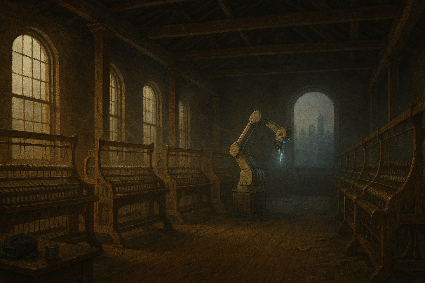Classical oil painting of an abandoned Massachusetts textile mill with silent wooden looms and a single modern robot arm still glowing, symbolizing the automation of labor and the end of America’s industrial age.