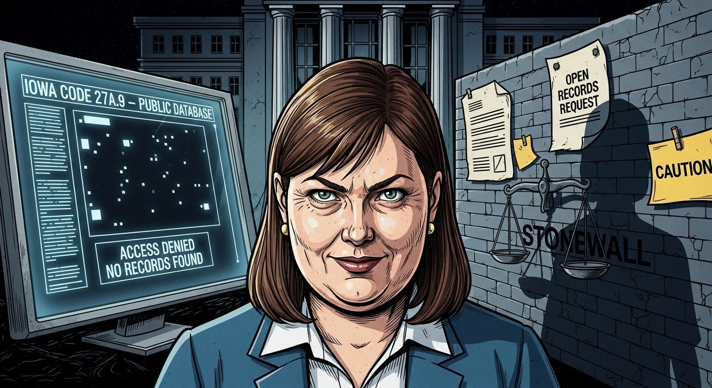 A graphic novel style illustration featuring Iowa Attorney General Brenna Bird with a stern expression. Behind her, to the left, is a computer monitor showing 'IOWA CODE 27A.9 - PUBLIC DATABASE' with a black screen containing scattered white pixels and the text 'ACCESS DENIED NO RECORDS FOUND'. To the right, a brick wall has a document titled 'OPEN RECORDS REQUEST' pinned to it, and a banner reading 'STONEWALL' is draped over a set of scales of justice. In the far background, a neoclassical building resembling the Iowa State Capitol is visible under a dark sky. A graphic novel style illustration featuring Iowa Attorney General Brenna Bird with a stern expression. Behind her, to the left, is a computer monitor showing 'IOWA CODE 27A.9 - PUBLIC DATABASE' with a black screen containing scattered white pixels and the text 'ACCESS DENIED NO RECORDS FOUND'. To the right, a brick wall has a document titled 'OPEN RECORDS REQUEST' pinned to it, and a banner reading 'STONEWALL' is draped over a set of scales of justice. In the far background, a neoclassical building resembling the Iowa State Capitol is visible under a dark sky.