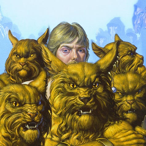 LEFT: Detail from THE PRIDE OF CHANUR featuring a group of aliens with cat heads and tawny fur standing close guard around a human alien who can only be seen from the mustache up. The art has a very 70s vibe from the hairstyle of the man, parted bangs and long on the sides, to the shiny chrome blaster the lead Hani is holding. CENTER: Close detail from THE PRIDE OF CHANUR featuring the haggard face of the human male modeled after the artist. The lids of his blue eyes look heavy and there is a pronounced “bag” under one eye. The faces of the Hani are detailed with long fur on the cheeks and rumpled fur on their snouts. One has a series of rings on its points ear that includes a shiny ball dangling from a chain on one. RIGHT: Background detail from THE PRIDE OF CHANUR featuring aliens arranged in a descending arc from right to left. The first has a bulbous head, round eyes set low and protruding, and its mouth puckered in an O. Long slender hands are crossed in front of it. The rest of the figures are hooded with long dragon-like snouts protruding out. The figures are rendered tonally blue and subtle purple against desaturated blue.