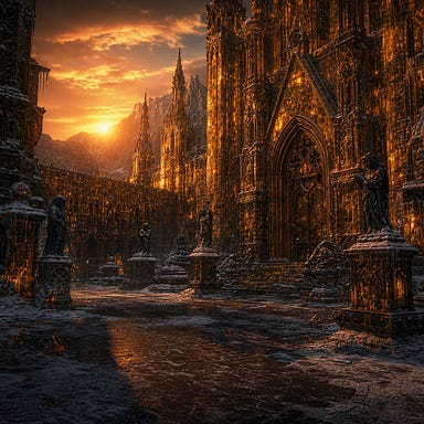 Amber Temple courtyard at sunset, massive amber‑glazed walls, snow‑choked stones, long shadows, ancient wrongness, Barovian Gothic atmosphere