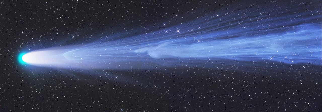 A photograph of the Comet Leonard during a 'disconnection event', when a piece of the comet's tail breaks off A photograph of the Comet Leonard during a 'disconnection event', when a piece of the comet's tail breaks off