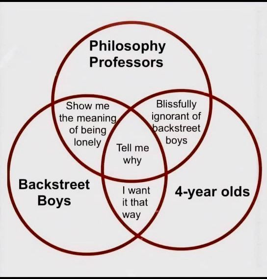 May be an image of text that says 'Philosophy Professors Show me the meaning of being lonely Blissfully ignorant of backstreet boys Tell me why Backstreet Boys I want it that way 4-year olds'