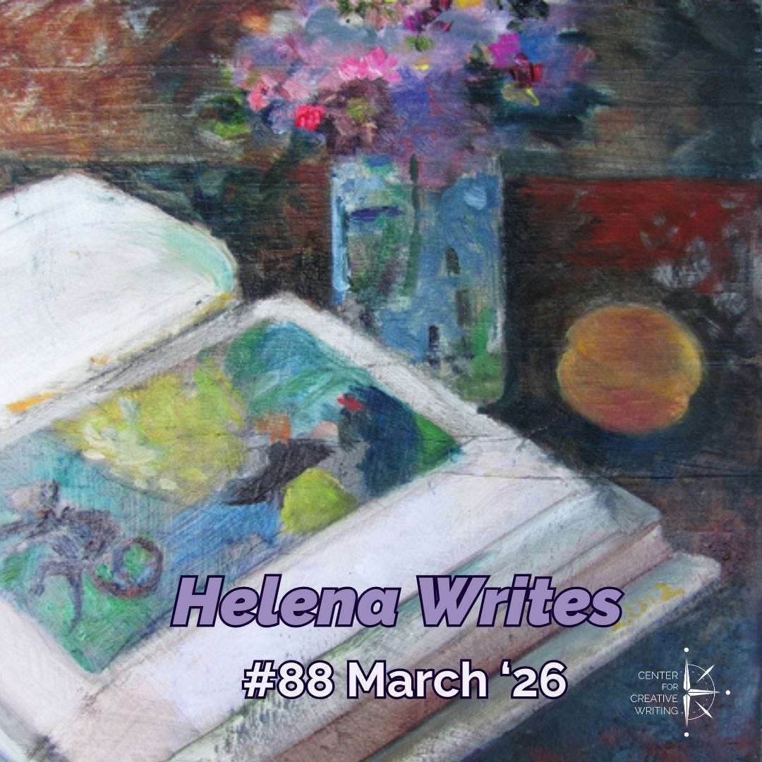 original Helena Clare Pittman watercolor of an open art book next to a jar of wildflowers with text that reads Helena Writes 88 March 2026, via Canva