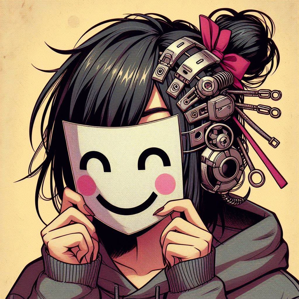 Altenative black haired human hiding behind a paper robot mask,  manga mixed comic style, playful