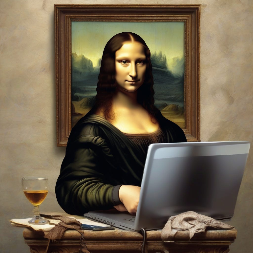 This is AI Generated Image of a painting of Mona Lisa ethical hacking.