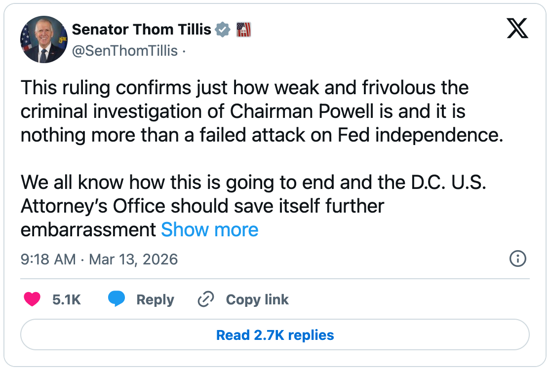 March 13, 2026 tweet by Sen. Thom Tillis reading, "This ruling confirms just how weak and frivolous the criminal investigation of Chairman Powell is and it is nothing more than a failed attack on Fed independence.    We all know how this is going to end and the D.C. U.S. Attorney’s Office should save itself further embarrassment..."