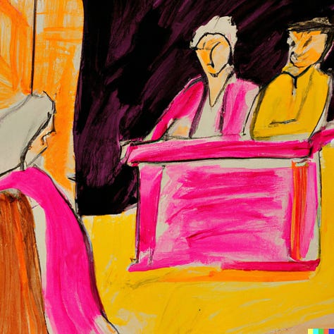 Pink and yellow sketches of courtroom drama
