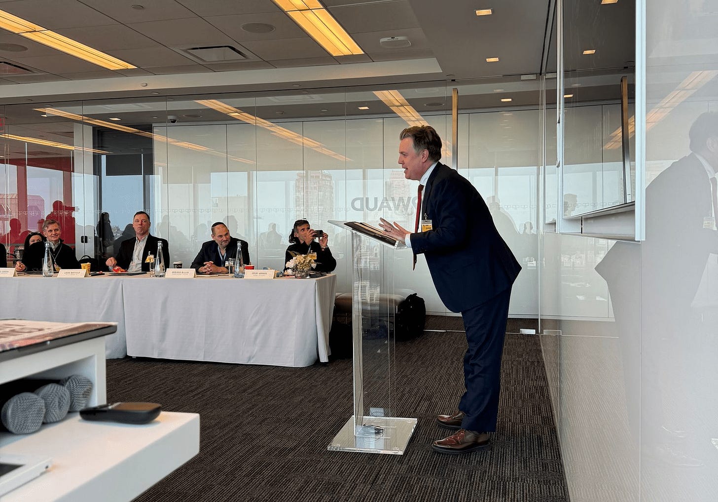 President Chuck Branner demands greater automation of the U.S. government and national security during a riskgaming runthrough of “No Man’s Land” at Bloomberg HQ. Photo by Danny Crichton. President Chuck Branner demands greater automation of the U.S. government and national security during a riskgaming runthrough of “No Man’s Land” at Bloomberg HQ. Photo by Danny Crichton.
