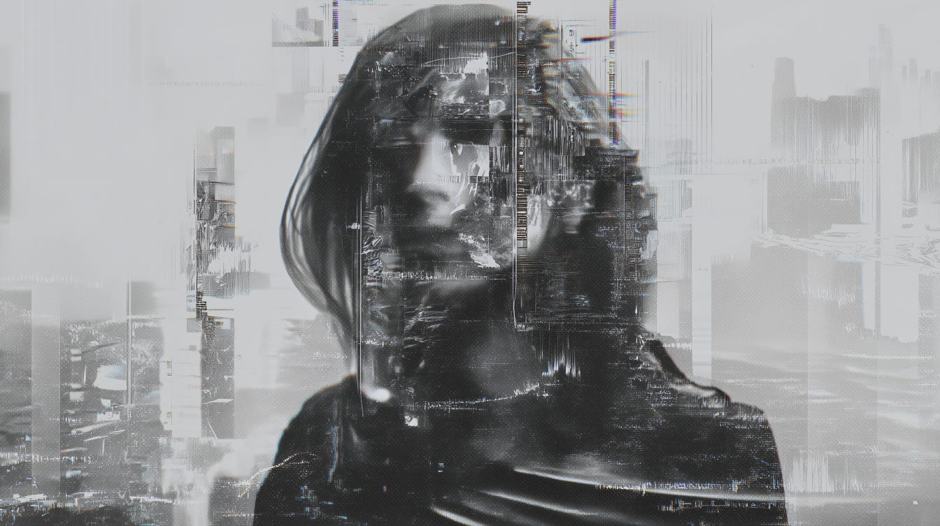  A face flickers between identity layers—half-seen through digital interference, eyes full of question.